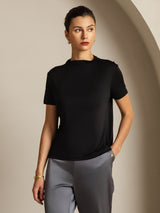 [Svart] SilkSilky-NO 100% Silk Jersey Short Sleeve Falsk Krage T-skjorte for Kvinner 008