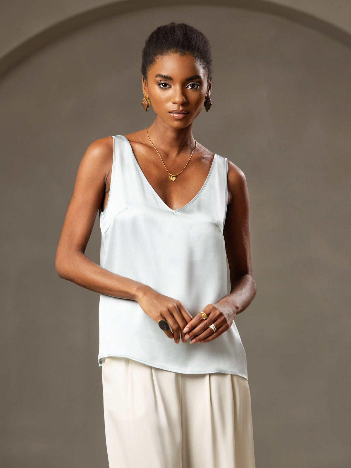 [Lyse Blå] SilkSilky-NO 19Momme Silke V-Hals Camisole Topp 006
