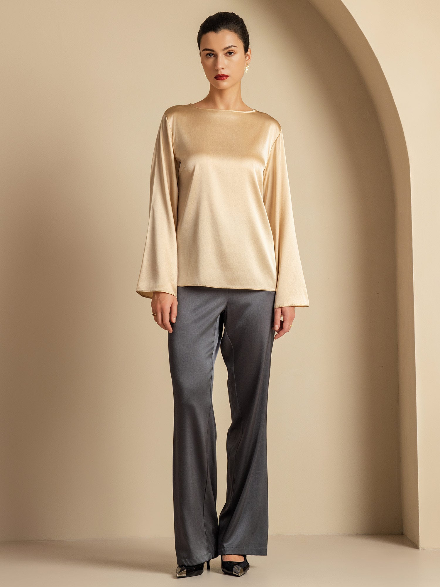 [Champagne] SilkSilky-NO 19Momme Silke Womens T-Shirt 009