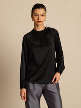 [Svart] SilkSilky-NO 19Momme Langermet Rund Hals Bluse 003