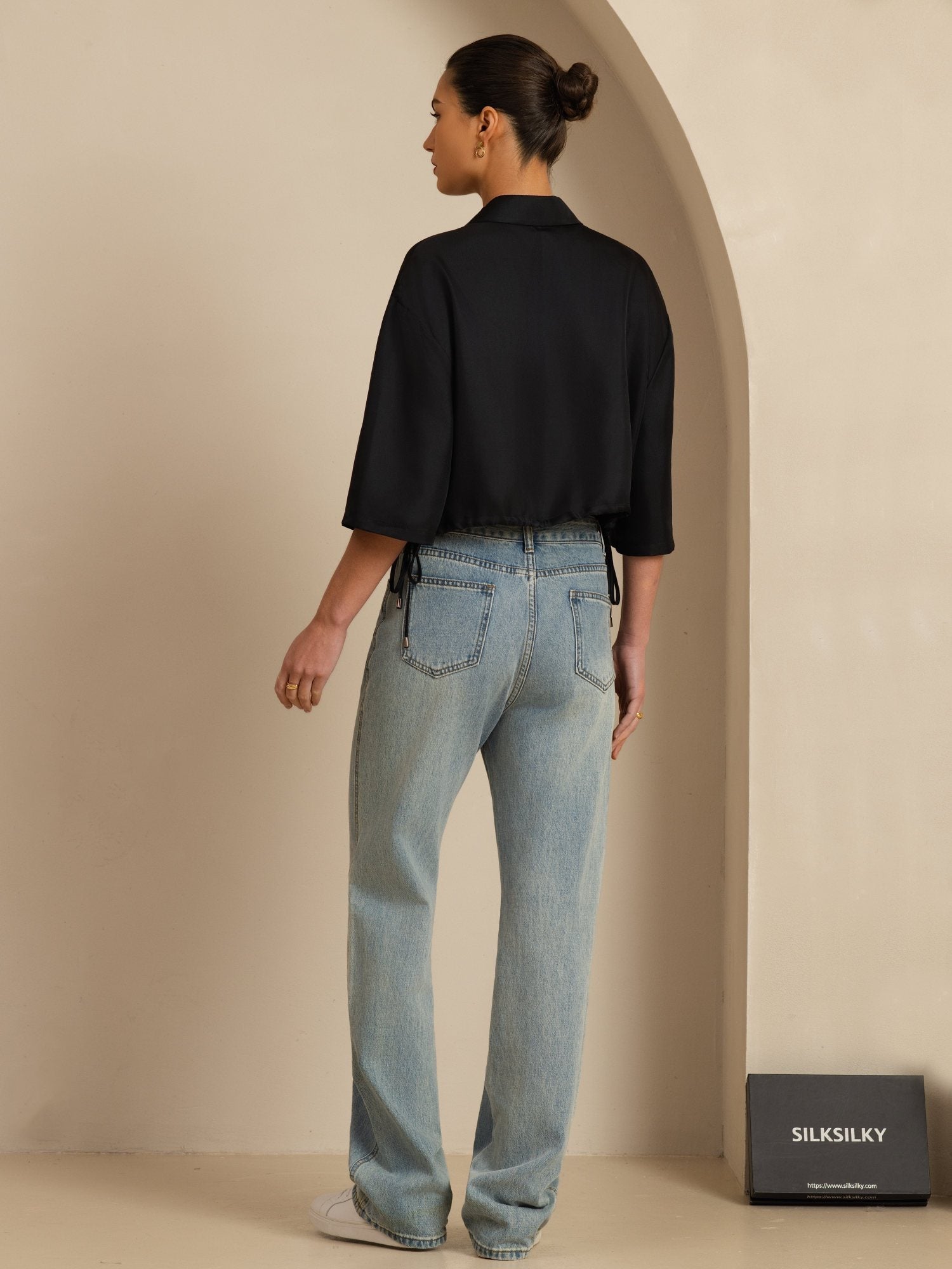 [Svart] SilkSilky-NO 18Momme Halv erme Slagkrage Bluse 002