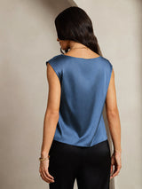 [Ekte Petrol] SilkSilky-NO Cap Sleeve Cowl Neck T-skjorte for Kvinner 002