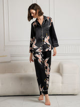 [Svart] SilkSilky-NO Long Sleeve Lapel Collar Pyjamas for Kvinner 004