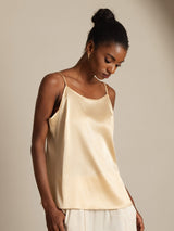 [Champagne] SilkSilky-NO 19Momme Spaghetti Stropp Dyp Rund Halsutringning Camisole Topp 003