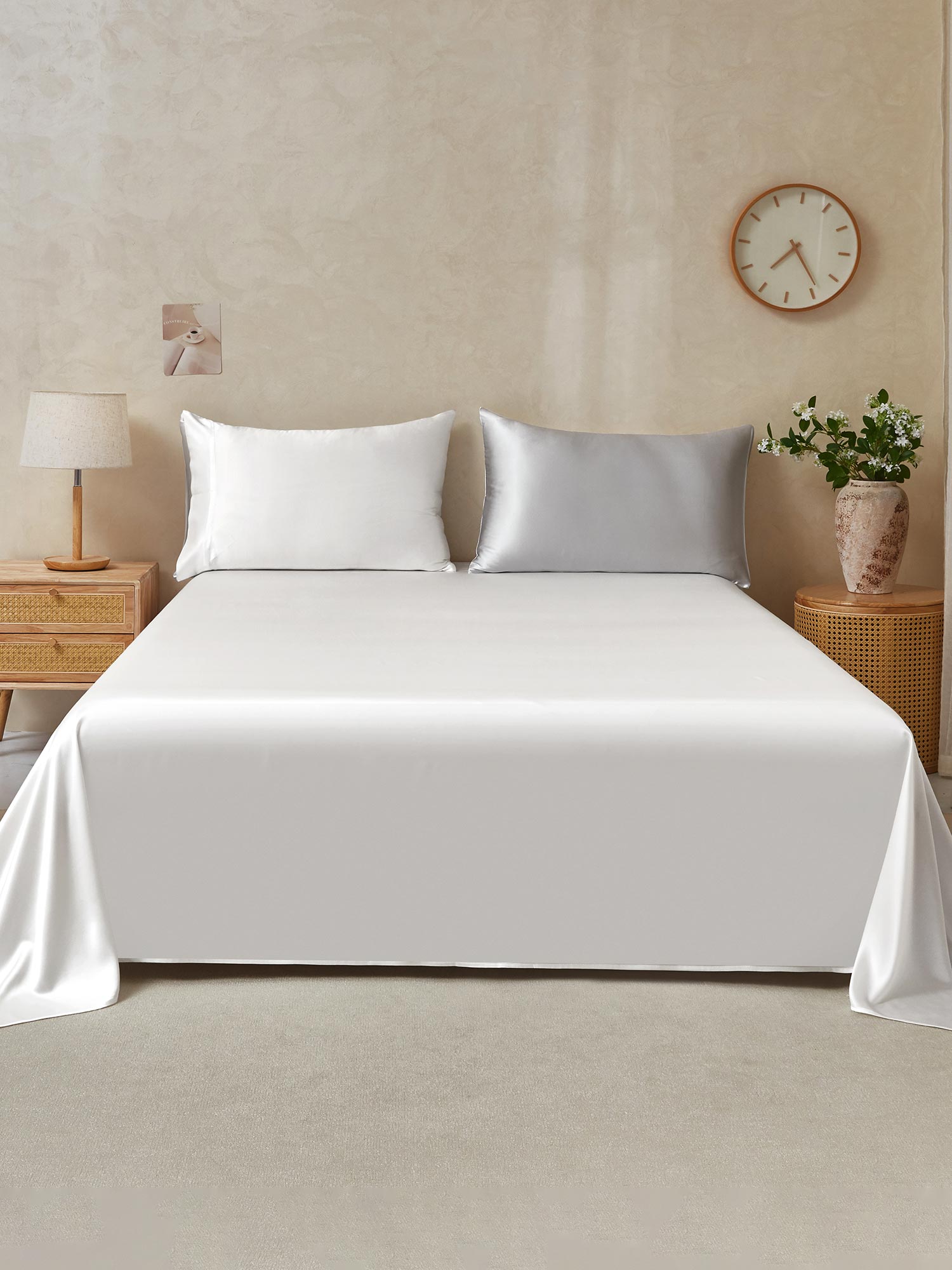 [Lysegrå+Hvit] SilkSilky-NO 19Momme Bedding Set 001,
