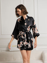 [Svart] SilkSilky-NO 19Momme 3/4 erme Morgenkåpe for Kvinner 001