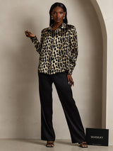 [Leopard] SilkSilky-NO Long Sleeve Lapel Collar Skjorte for Kvinner 006
