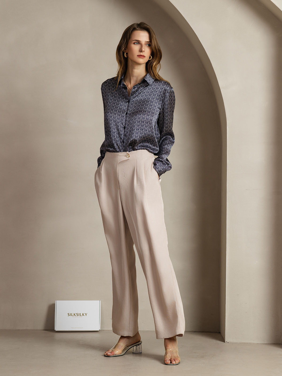 [Marine Ginkgo] SilkSilky-NO Silke Lapel Collar Skjorte for Kvinner 003