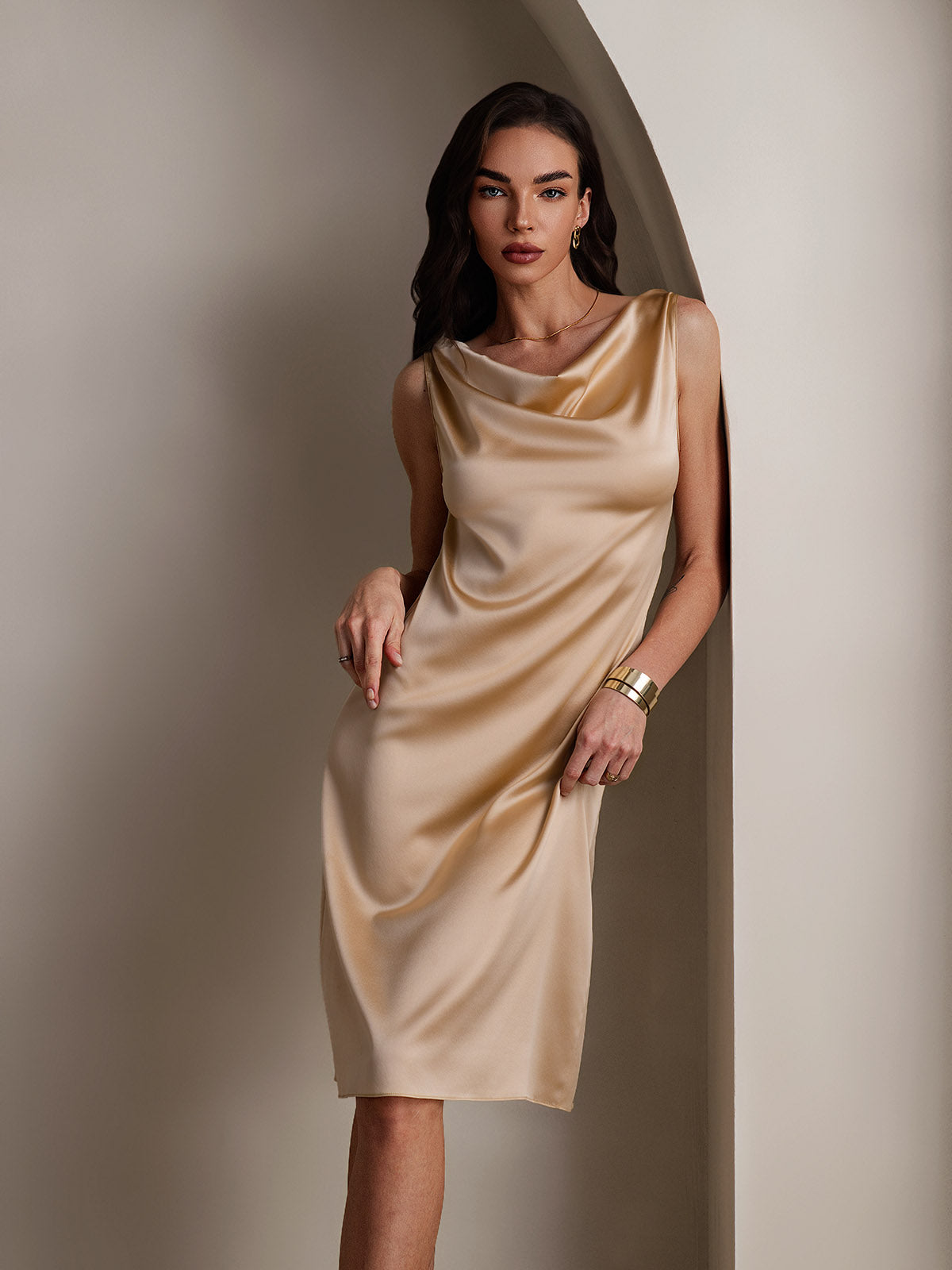 [Champagne] SilkSilky-NO 19Momme Silke Dress 001