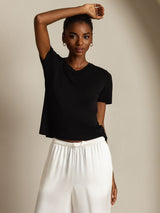 [Svart] SilkSilky-NO Short Sleeve V Neck T-skjorte for Kvinner 005