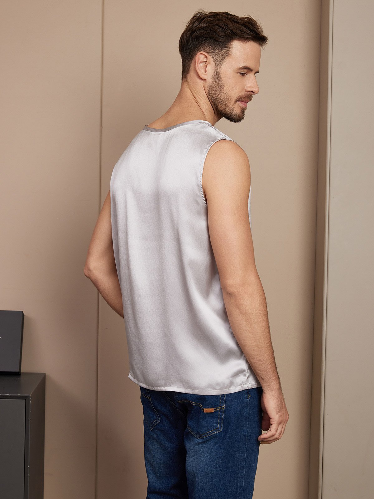 SilkSilky US Pure Silk Sleeveless Mens T Shirt Silver 002