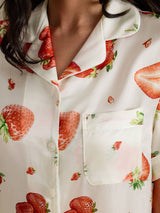 [Hvit Jordbær] SilkSilky-NO Short Sleeve Notch Collar Pyjamas for Kvinner 004