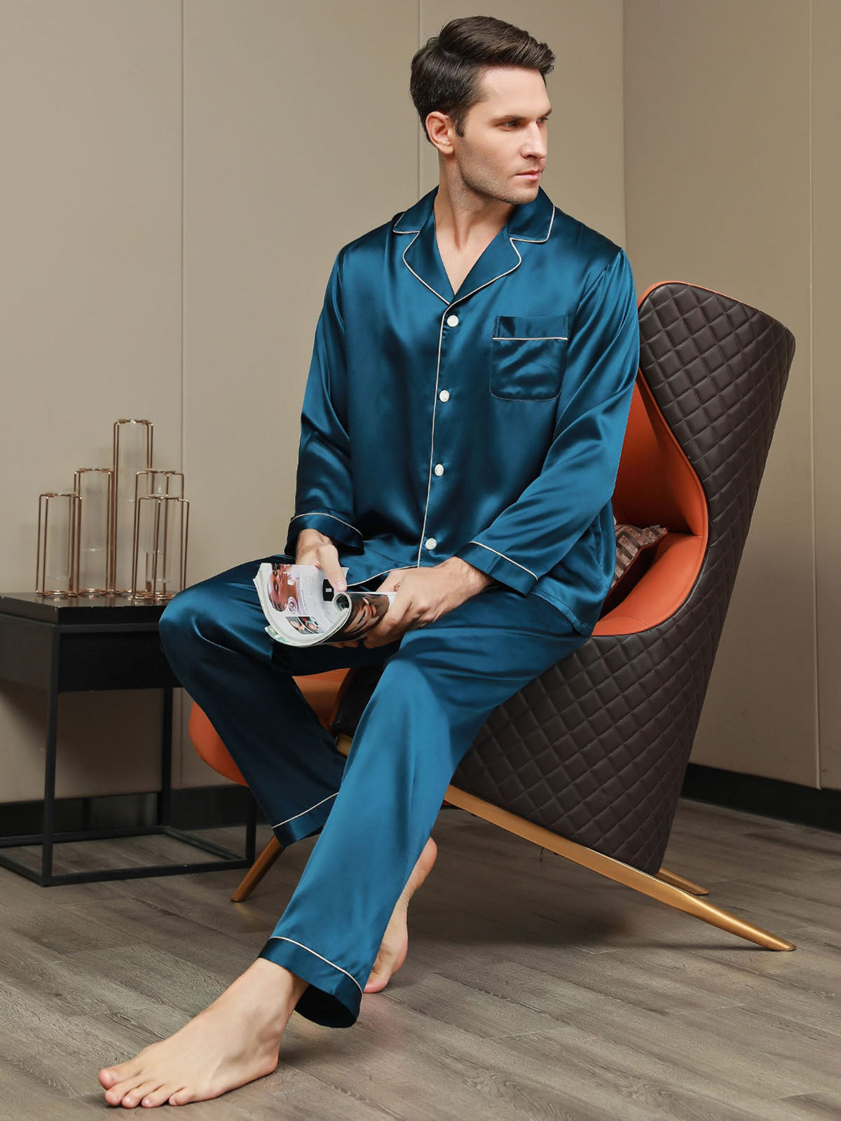 [Blågrønn] SilkSilky-NO 19Momme Mens Pajamas 007