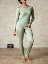 [Grønn] SilkSilky-NO Long Sleeve Round Neck Dame Langt Undertøy 001