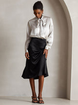 [Lysegrå] SilkSilky-NO Long Sleeve Tie Neck Damebluser 007