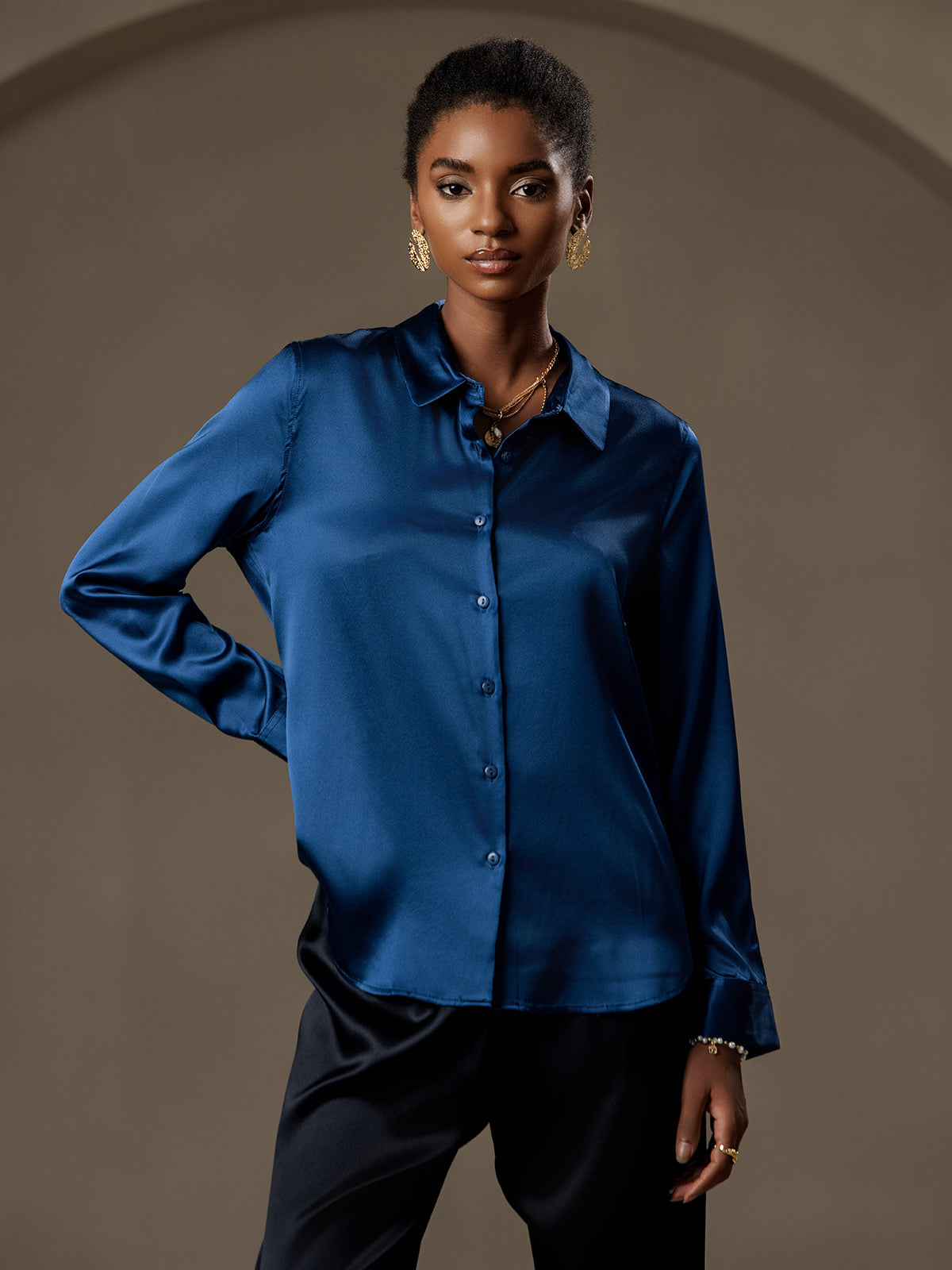 SilkSilky  Silk Blend Long Sleeve Collar Women's Shirt Teal 001