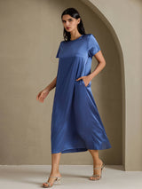 [Ekte Petrol] SilkSilky-NO Short Sleeve Crew Neck Kjole 007