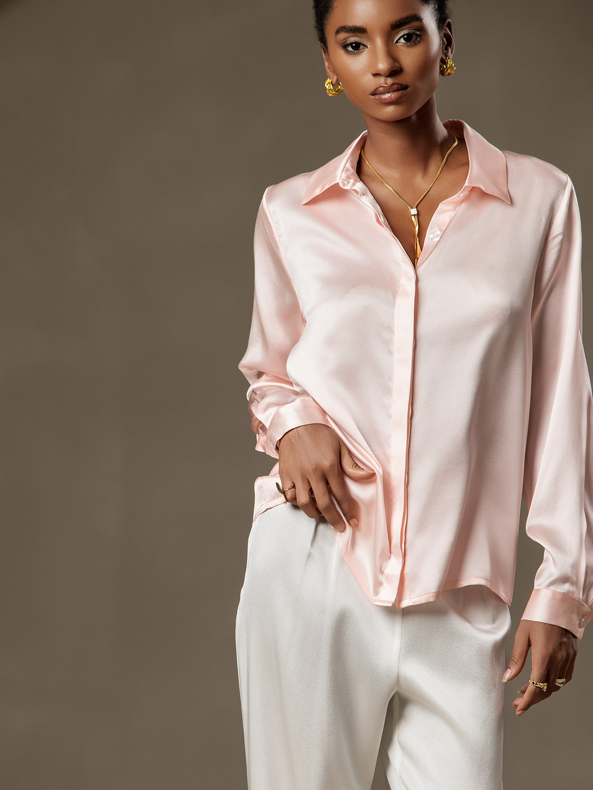 [Rosa] SilkSilky-NO 19Momme Silke Lapel Collar Skjorte for Kvinner 003