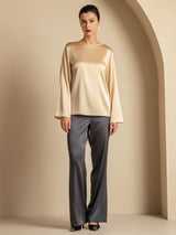 [Champagne] SilkSilky-NO Long Sleeve Boat Neck Bluse 007
