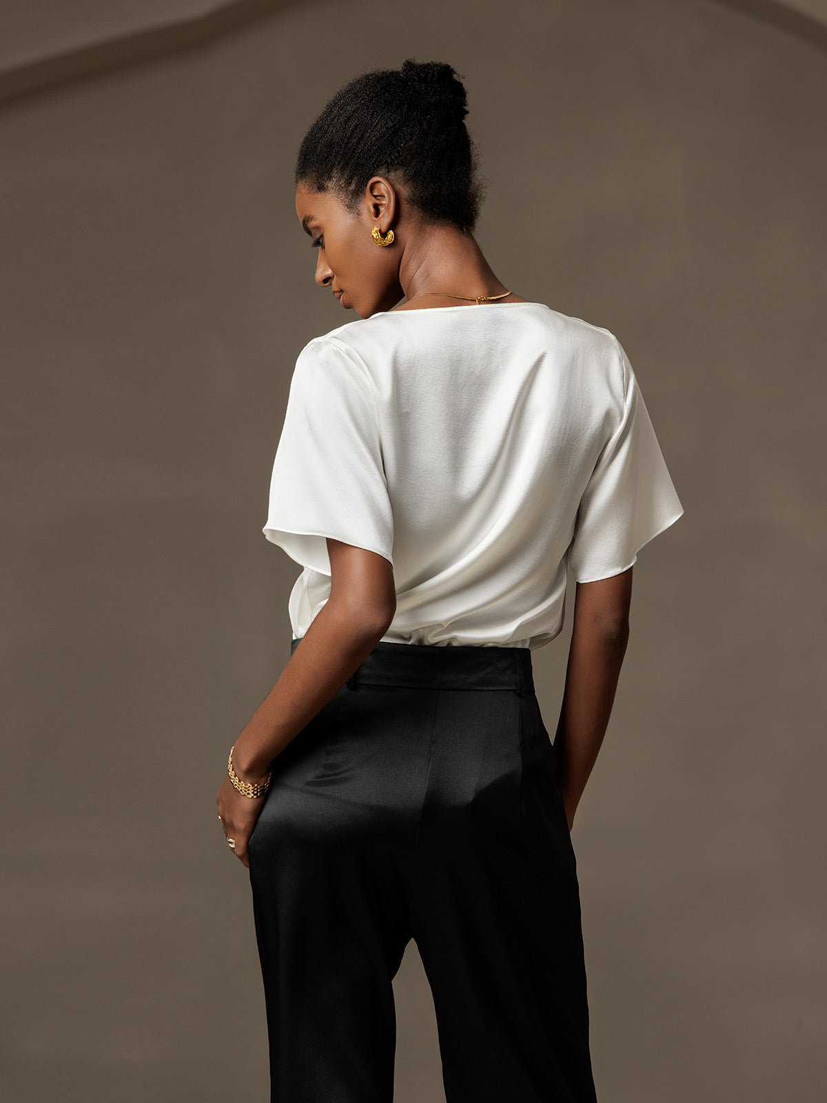 [Hvit] SilkSilky-NO Short Sleeve Cowl Neck Damebluser 002