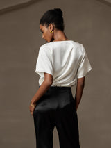 [Hvit] SilkSilky-NO Short Sleeve Cowl Neck Damebluser 002