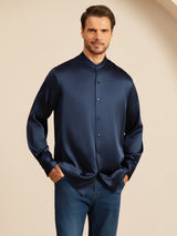 [Mørke blå] SilkSilky-NO Long Sleeve Stand Collar Skjorte for Menn 004