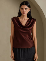 [Mørk Sjokolade] SilkSilky-NO Cap Sleeve Cowl Neck T-skjorte for Kvinner 003