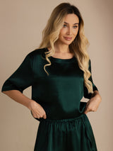 [Mørk Grønn] SilkSilky-NO Short Sleeve Round Neck Pyjamas for Kvinner 004