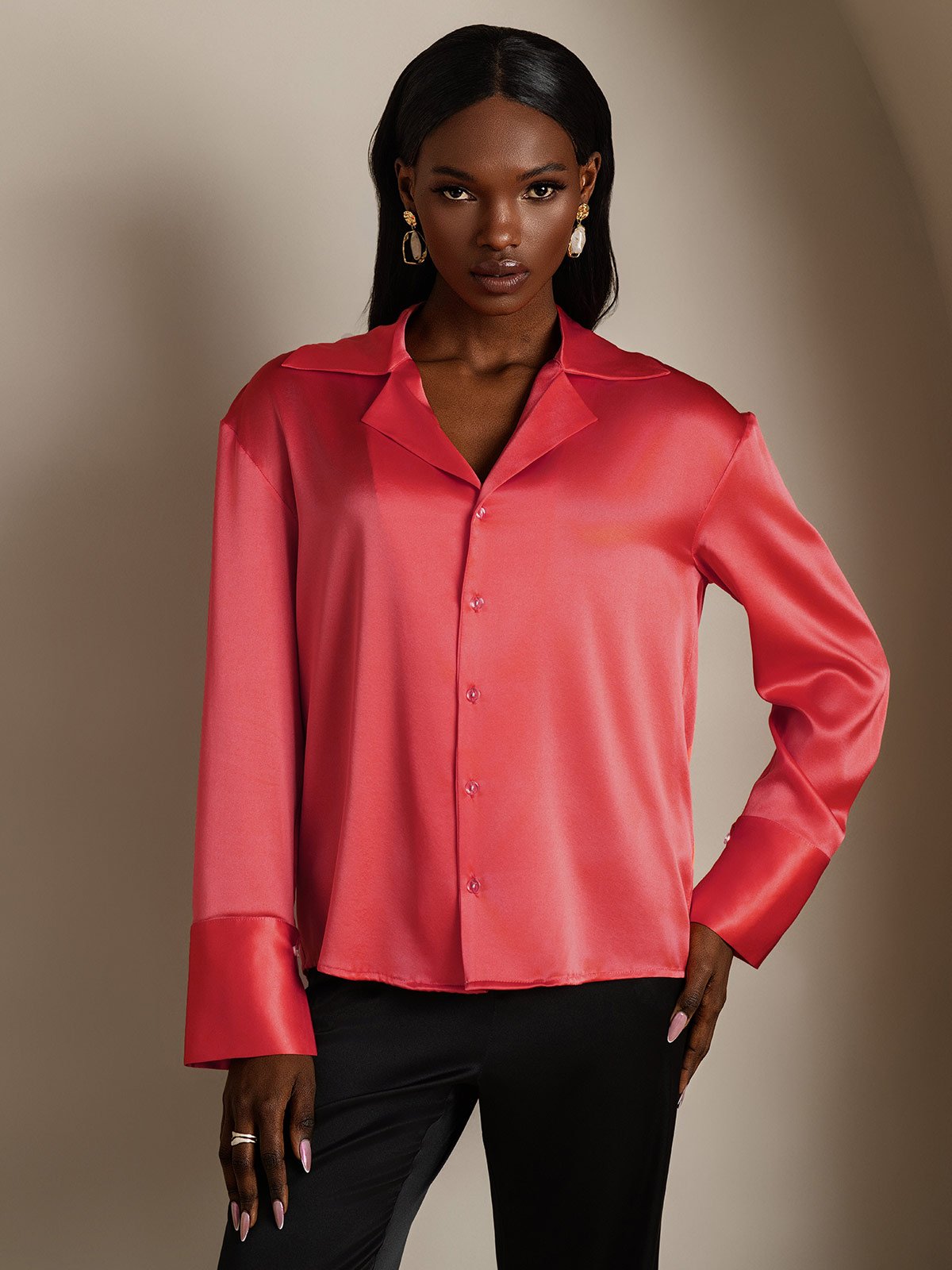 SilkSilky-NO 19Momme Silke Lapel Skjorte for Kvinner KeiserligRød 001