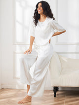 [Hvit] SilkSilky-NO Halv erme Round Neck Pyjamas for Kvinner 007