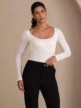 [Hvit] SilkSilky-NO Long Sleeve U-hals T-skjorte for Kvinner 004
