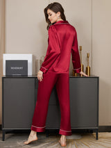 [Mørkerød] SilkSilky-NO Long Sleeve Lapel Collar Pyjamas for Kvinner 003