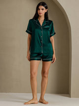[Mørk Grønn] SilkSilky-NO Short Sleeve Lapel Collar Pyjamas for Kvinner 007