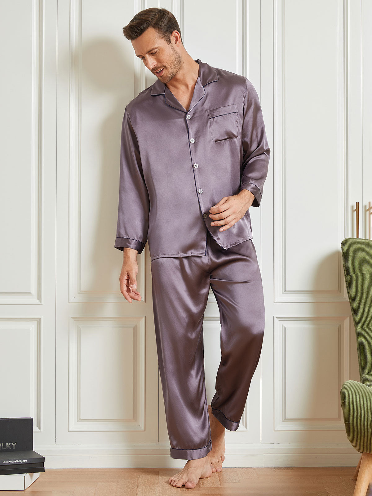 [Lilla Grå] SilkSilky-NO 19Momme Mens Pajamas 004