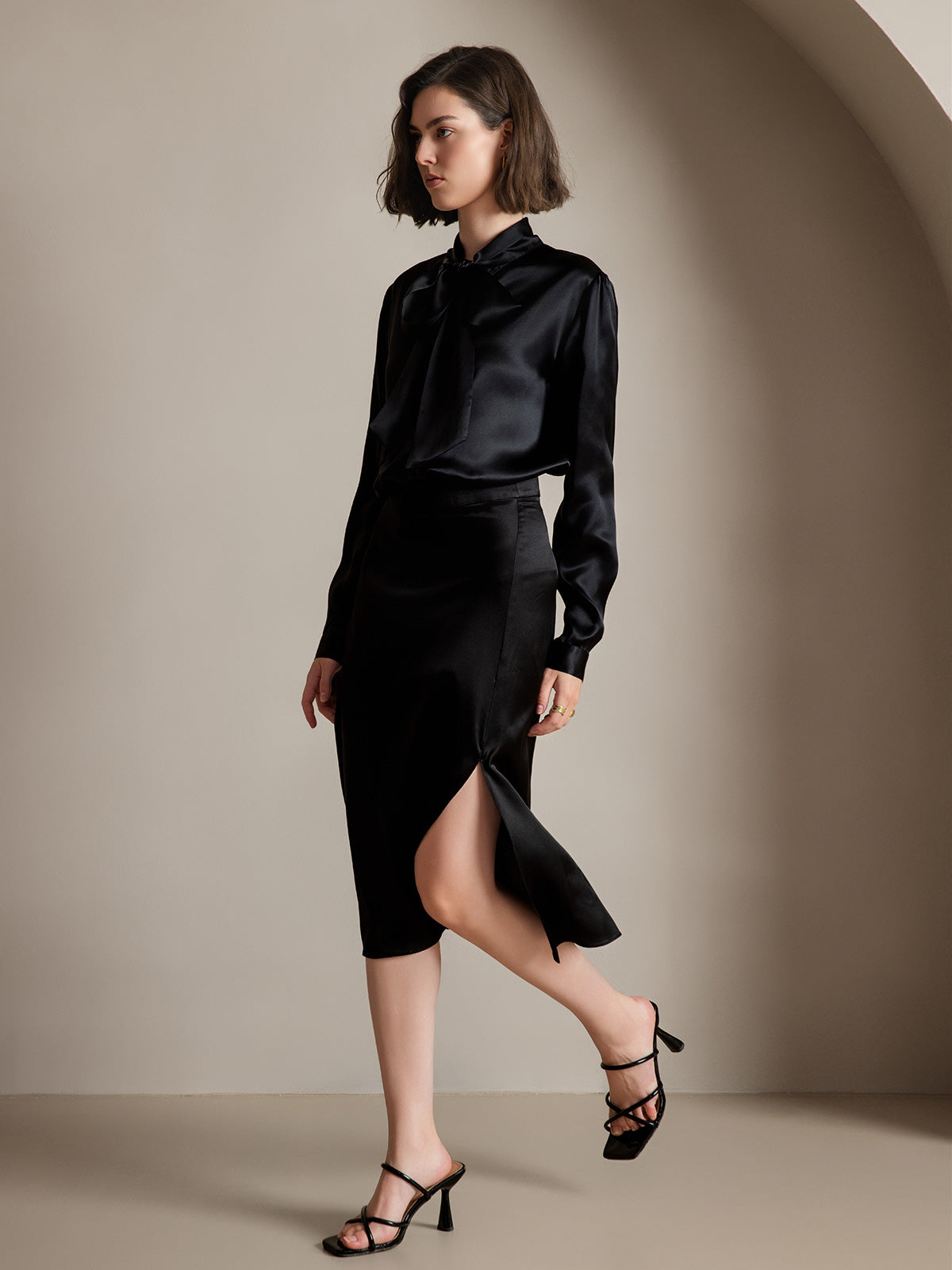 [Svart] SilkSilky-NO 19Momme Silke Long Sleeve Tie Neck Skjorte for Kvinner 006