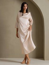 [Beige] SilkSilky-NO 3/4 Sleeve Round Neck Kjole 005