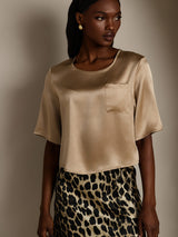 [Champagne] SilkSilky-NO Halv erme Dyp Rund Halsutringning T-skjorte for Kvinner 004
