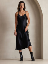 [Svart] SilkSilky-NO Spaghetti Strap V Neck Kjole 001