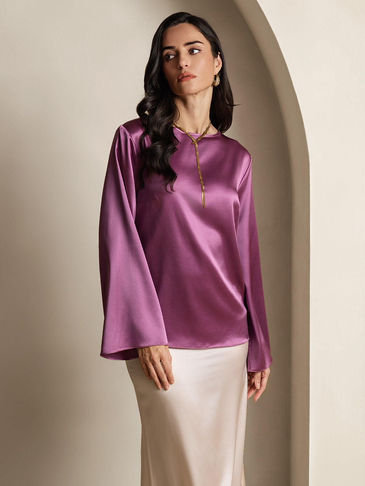 [Mørklilla] SilkSilky-NO 19Momme Silke Womens T-Shirt 005