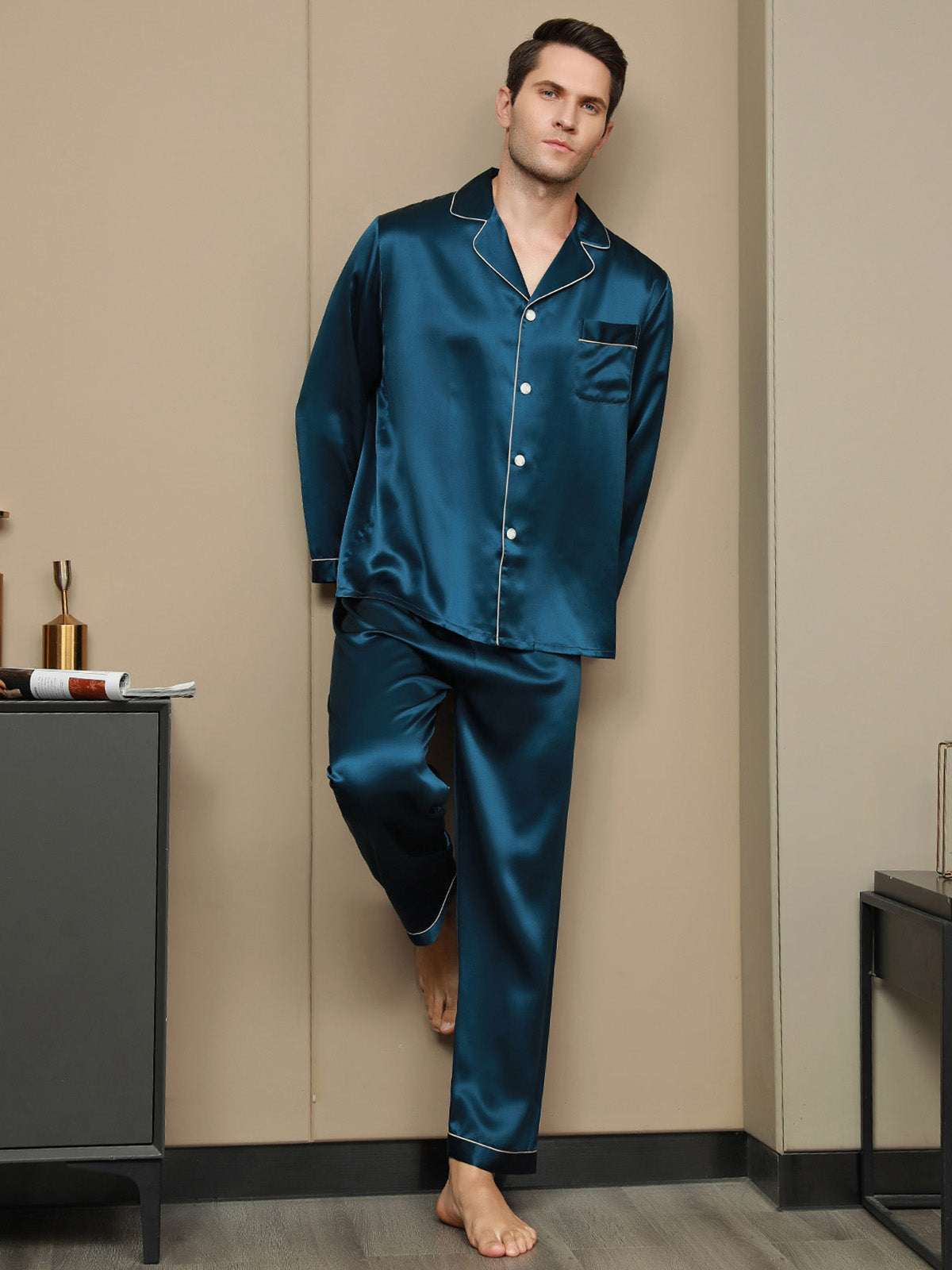 [Blågrønn] SilkSilky-NO 19Momme Mens Pajamas 004
