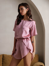 [Blek Mauve] SilkSilky-NO Short Sleeve Round Neck Pyjamas for Kvinner 005