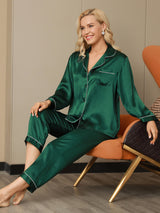 [Grønn] SilkSilky-NO Long Sleeve Lapel Collar Pyjamas for Kvinner 005