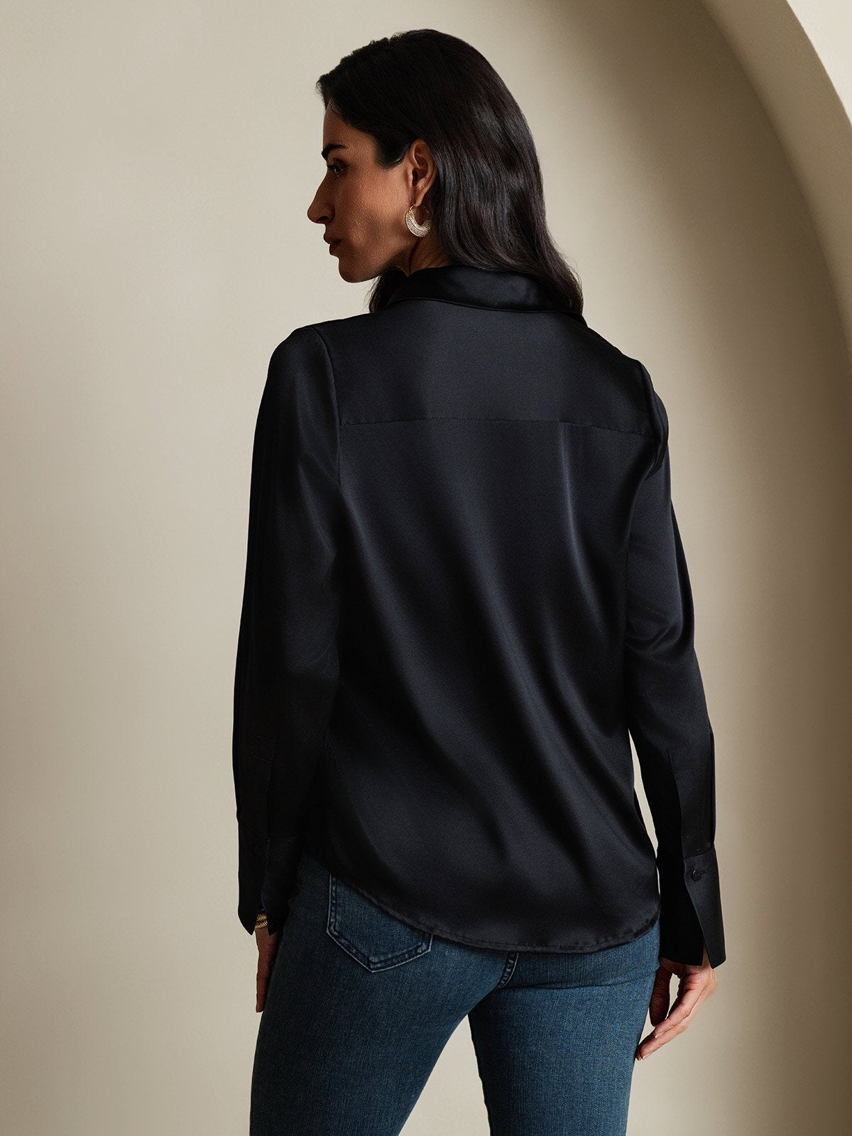 SilkSilky-NO 19Momme Silke Womens Shirt Svart 002