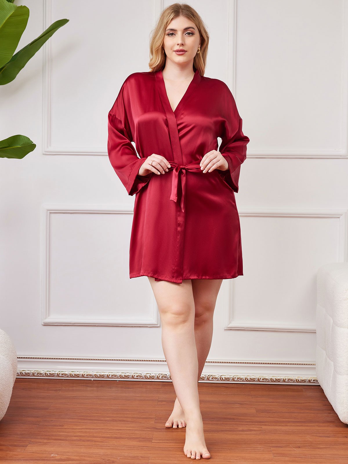 SilkSilky  Pure Silk Long Sleeve Deep V Neck Plus Size Robe Wine 006