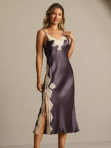 [Lilla Grå] SilkSilky-NO Spaghetti Strap V Neck Nattkjole 007