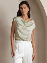 [Lysegrønn] SilkSilky-NO Cap Sleeve Cowl Neck T-skjorte for Kvinner 001