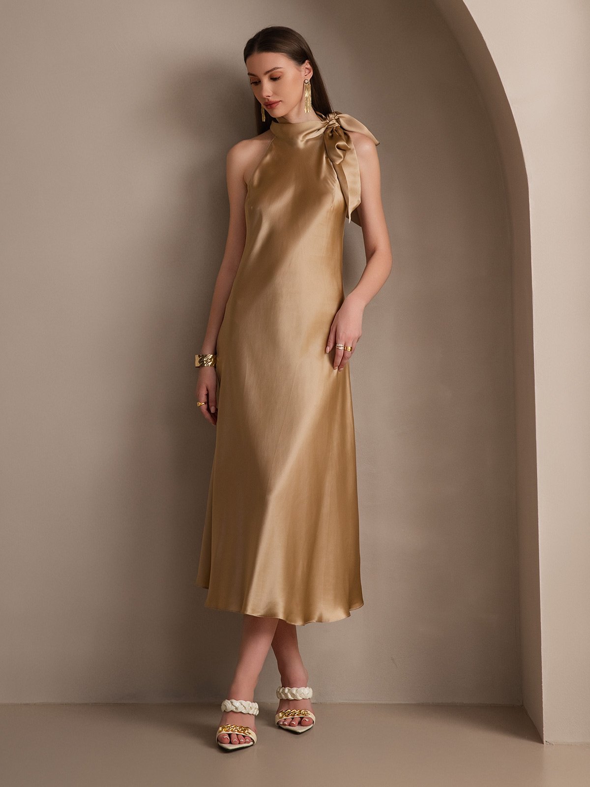 SilkSilky US 19Momme Silk Blend Sleeveless Tie Neck Dress Champagne 007