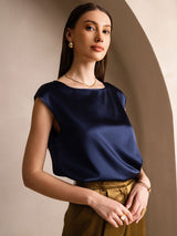 [Mørke blå] SilkSilky-NO Cap Sleeve Round Neck T-skjorte for Kvinner 003