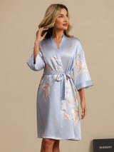 [Lyse Blå] SilkSilky-NO 19Momme 3/4 erme Morgenkåpe for Kvinner 003