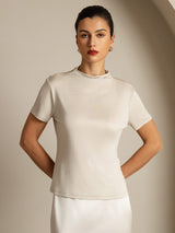 [Grå] SilkSilky-NO 100% Silk Jersey Short Sleeve Falsk Krage T-skjorte for Kvinner 001